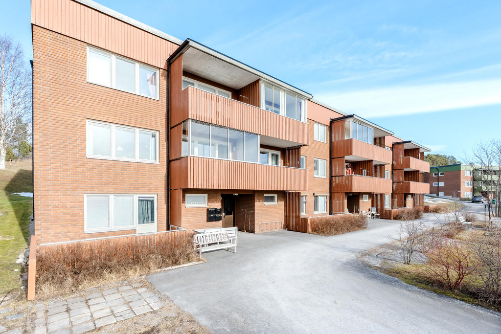 Mysig gård  med trädgårdsbord och planteringar.