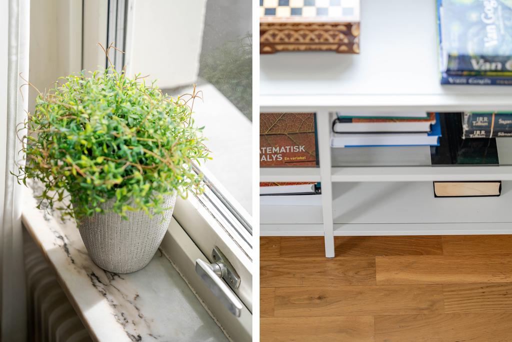 Fönsterbräden i sten och ekparkett i vardagsrummet