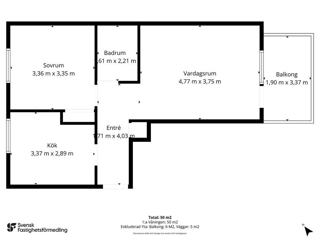 Planlösning med nyligen uppmätt yta
