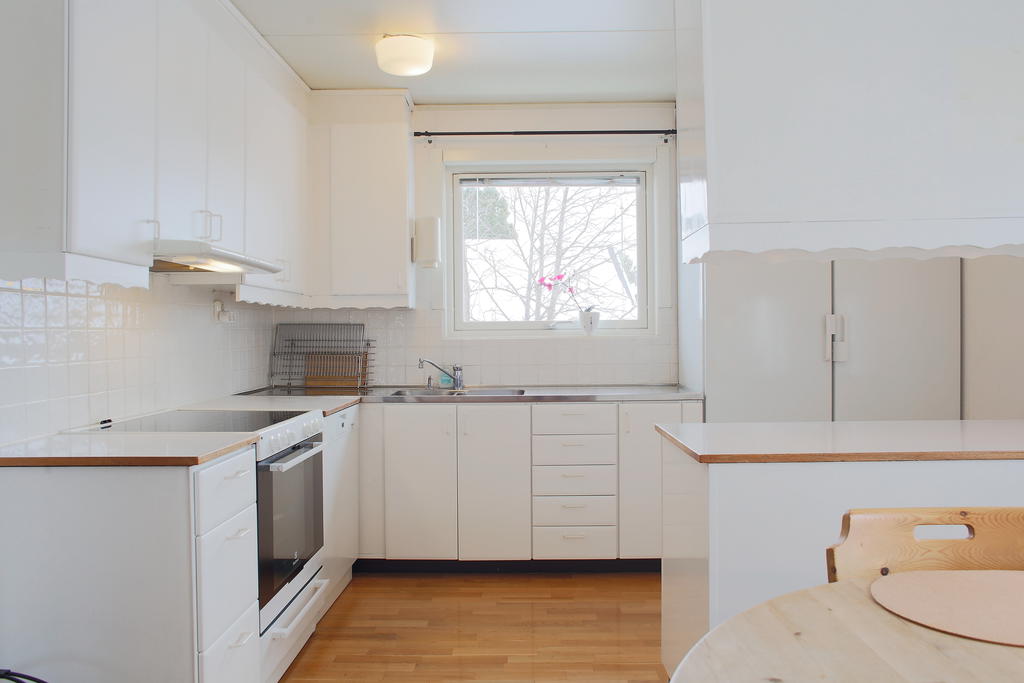 Rostfri diskbänk och kakel ovanför arbetsytorna 