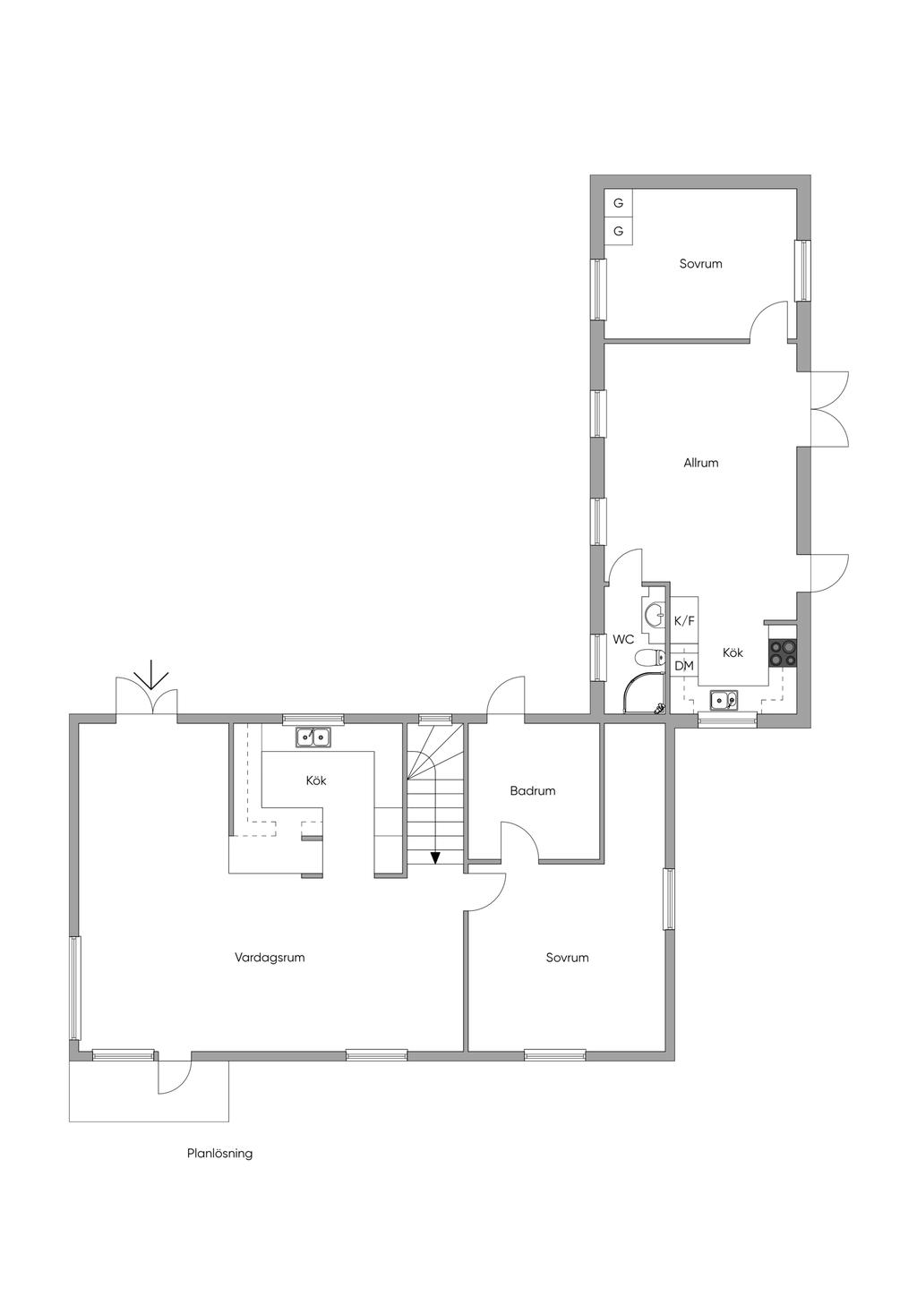 Planlösning övre plan och lägenheten