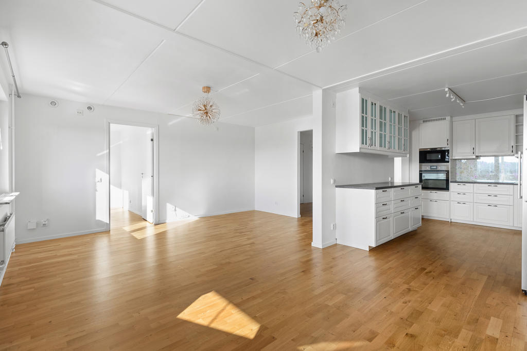 Öppen yta mellan kök, matplats och vardagsrum