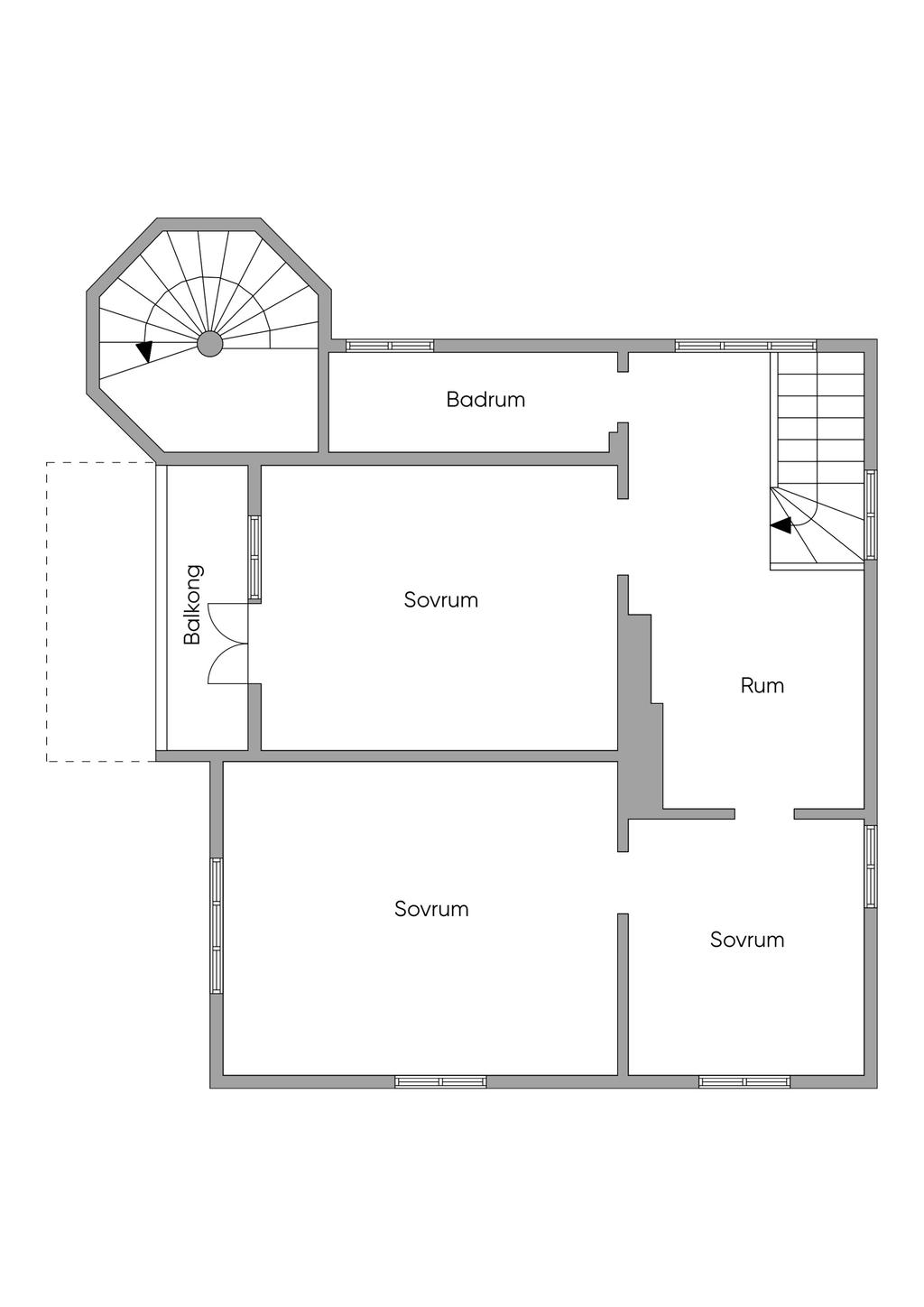 Övre plan.
Planritning på vindslägenhet kommer inom kort