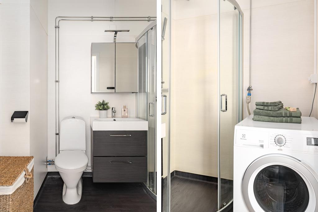 Stilrent renoverat duschrum med kombinerad tvättmaskin