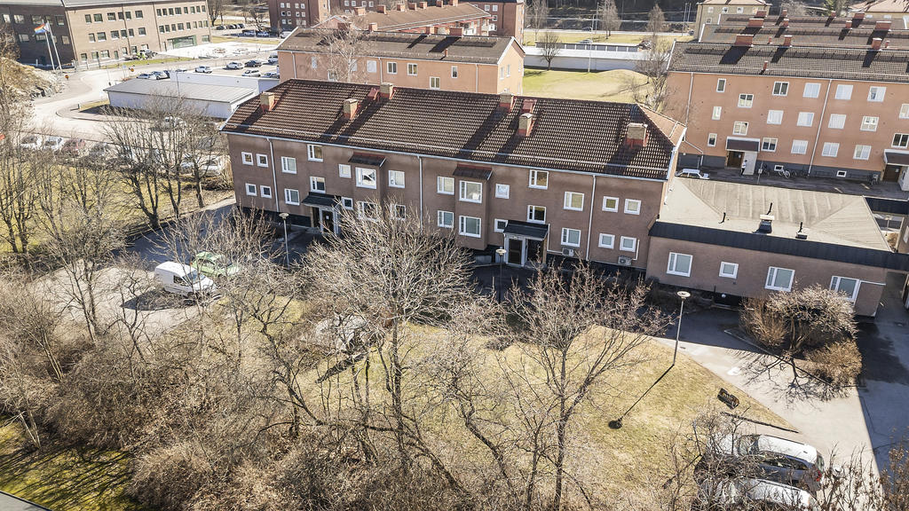 Trevlig entrésida med grönskande innergård