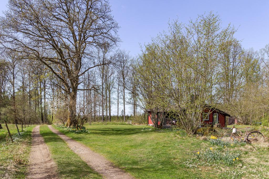 Tomten är vackert inramad av lummig grönska och en slingrande grusväg som leder fram till huset. Läget är idylliskt för den som uppskattar natur och lugn.