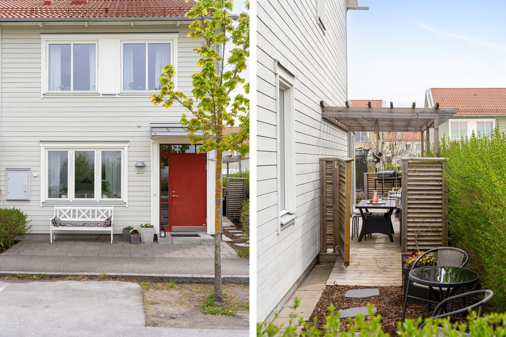 Välkomnande entré och gång runt huset till baksidan