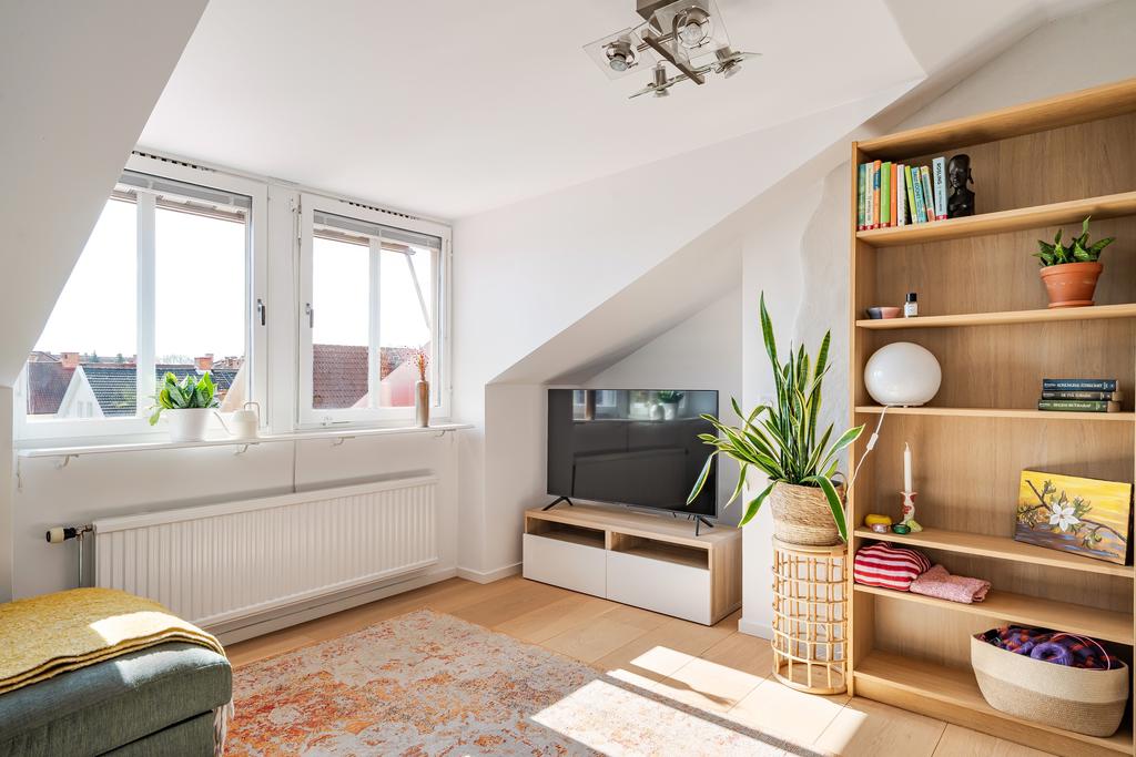 Fönsterparti med utsikt över takåsarna