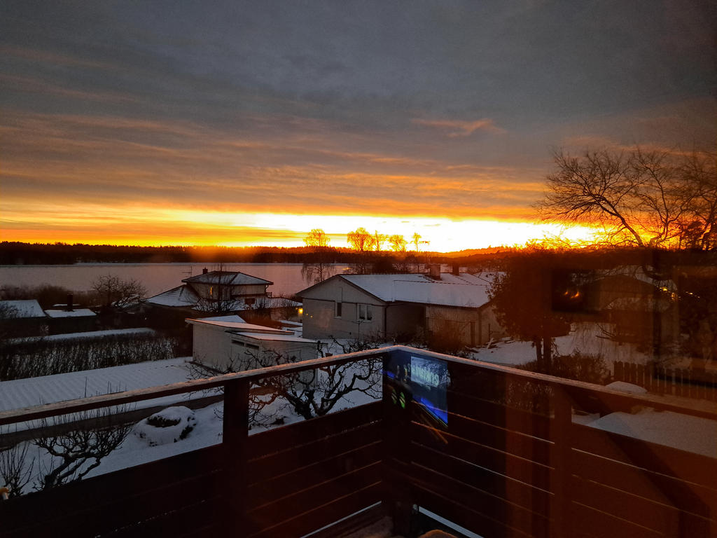 Säljarens vinterbild solnedgång