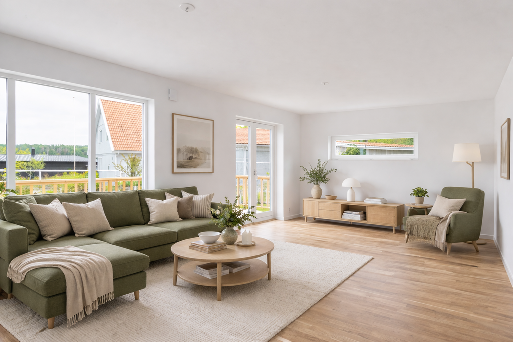 Vardagsrum, digitalt möblerat