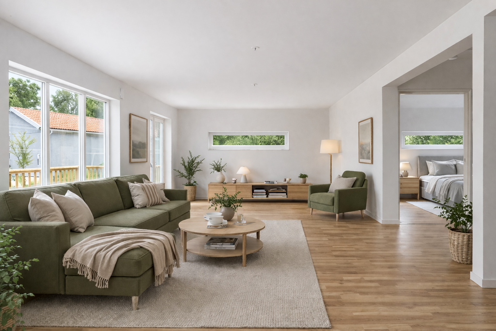 Vardagsrum, sovrum till höger, digitalt möblerade