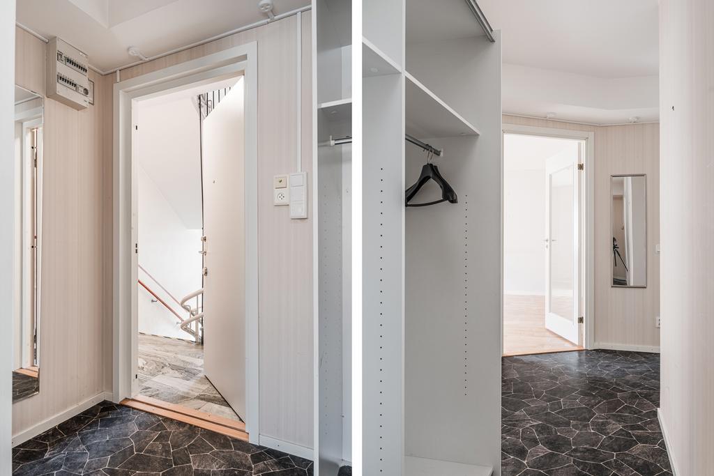 Entrédörr/ hall. Stor garderobslösning i hall. 
Sikt åt vänster i lägenheten från hallen (på bilden till höger).