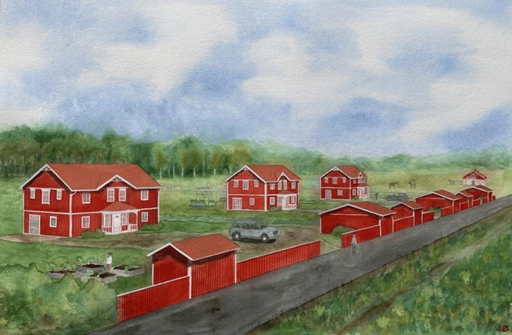 Målning av hur det hade kunnat se ut på tomterna med 3 st Nässjöhus.
