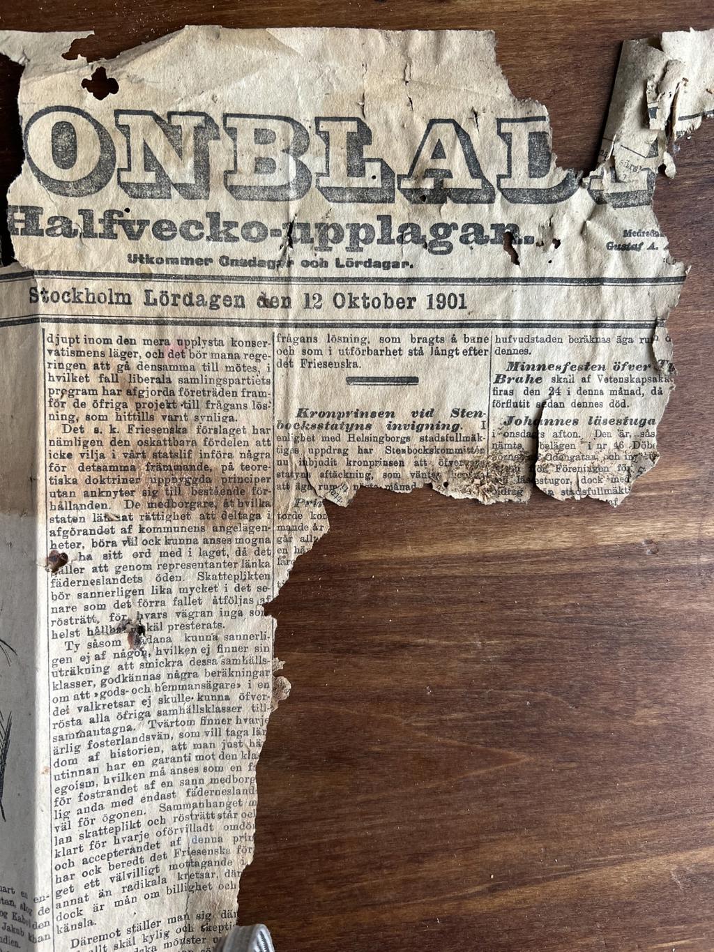 Tidning hittad i huset vid renovering.