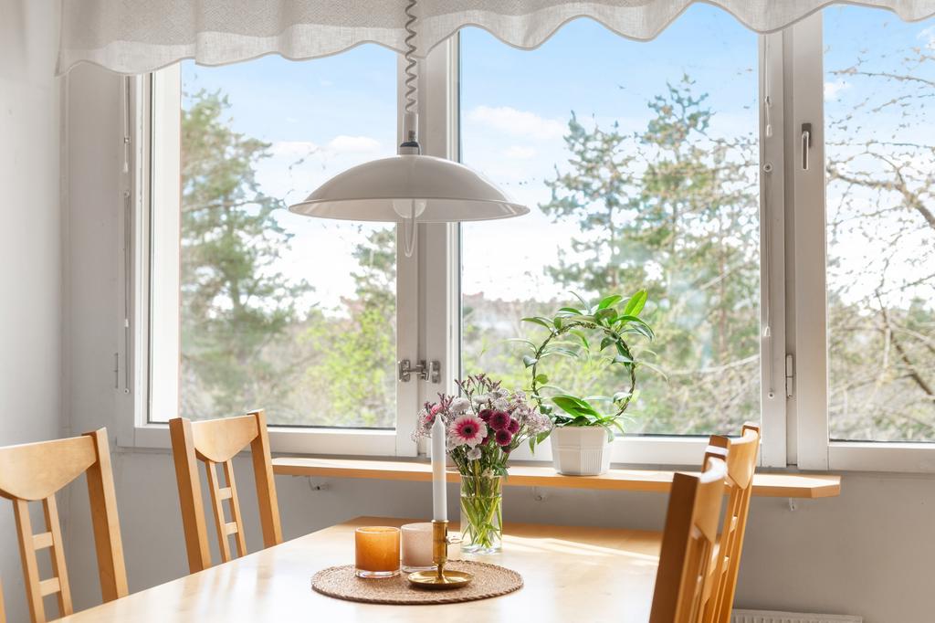 Matplats i kök med fri utsikt mot grönskande natur i västerläge