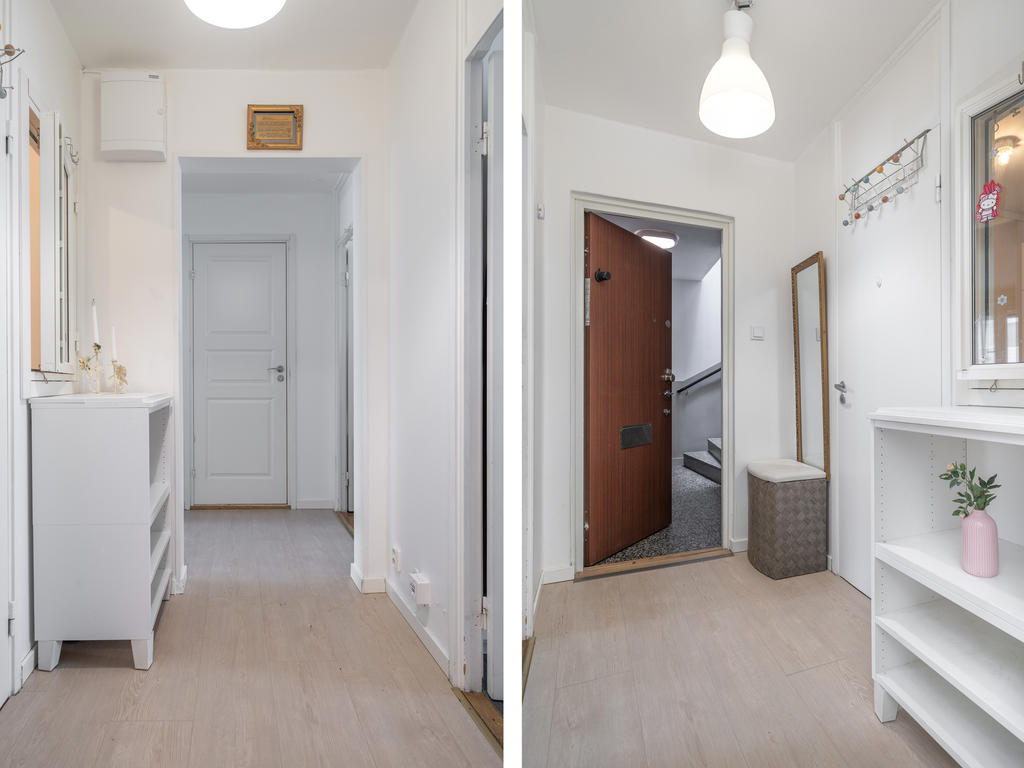 Vacker hall som knyter hela lägenheten samman. Här når du sovrum 1 samt klädkammaren som idag disponeras som ett sovrum.