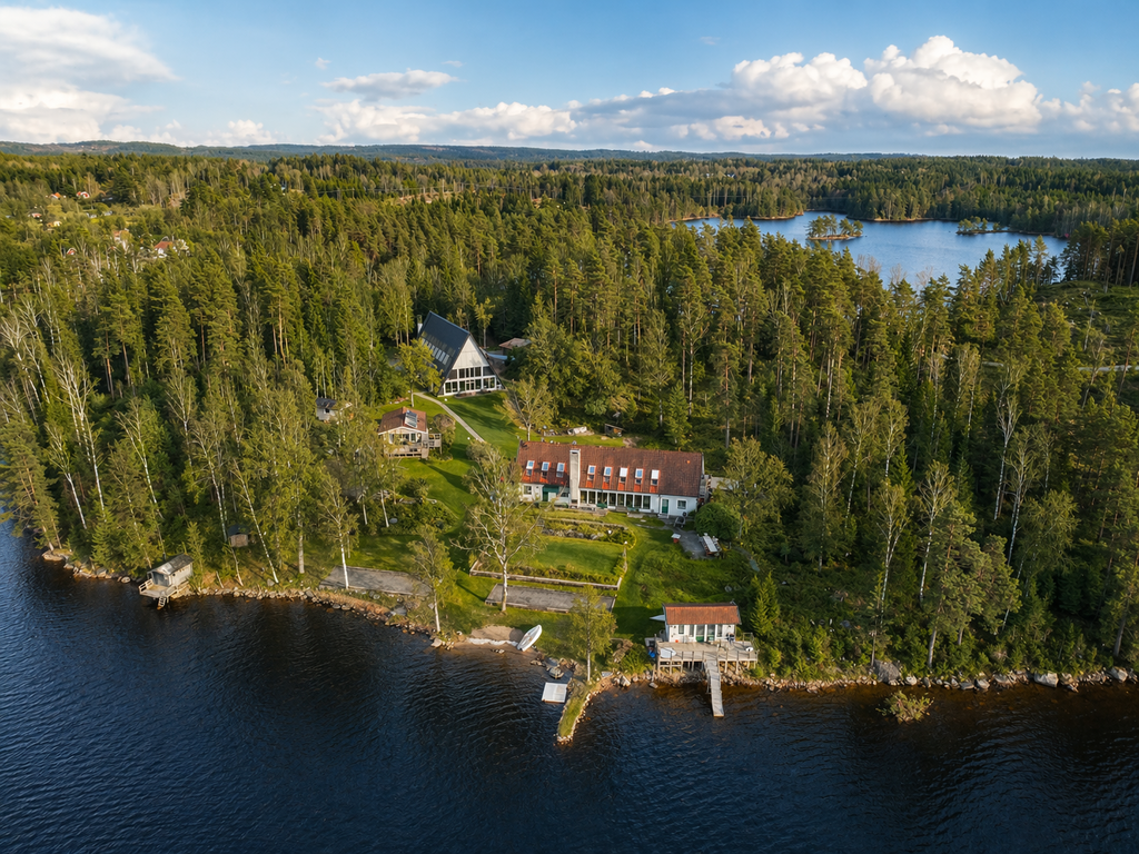 Unik anläggning med bostadshus och ytterligare byggnader på en egen halvö