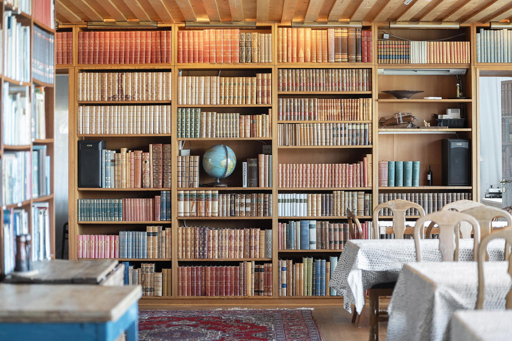 Bibliotekshörna i vardagsrummet. 