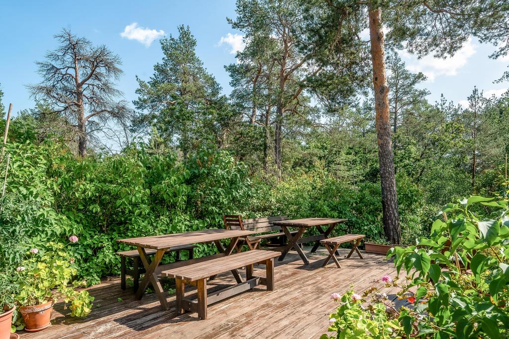 Föreningens uteplats i direkt anslutning till grönskande natur