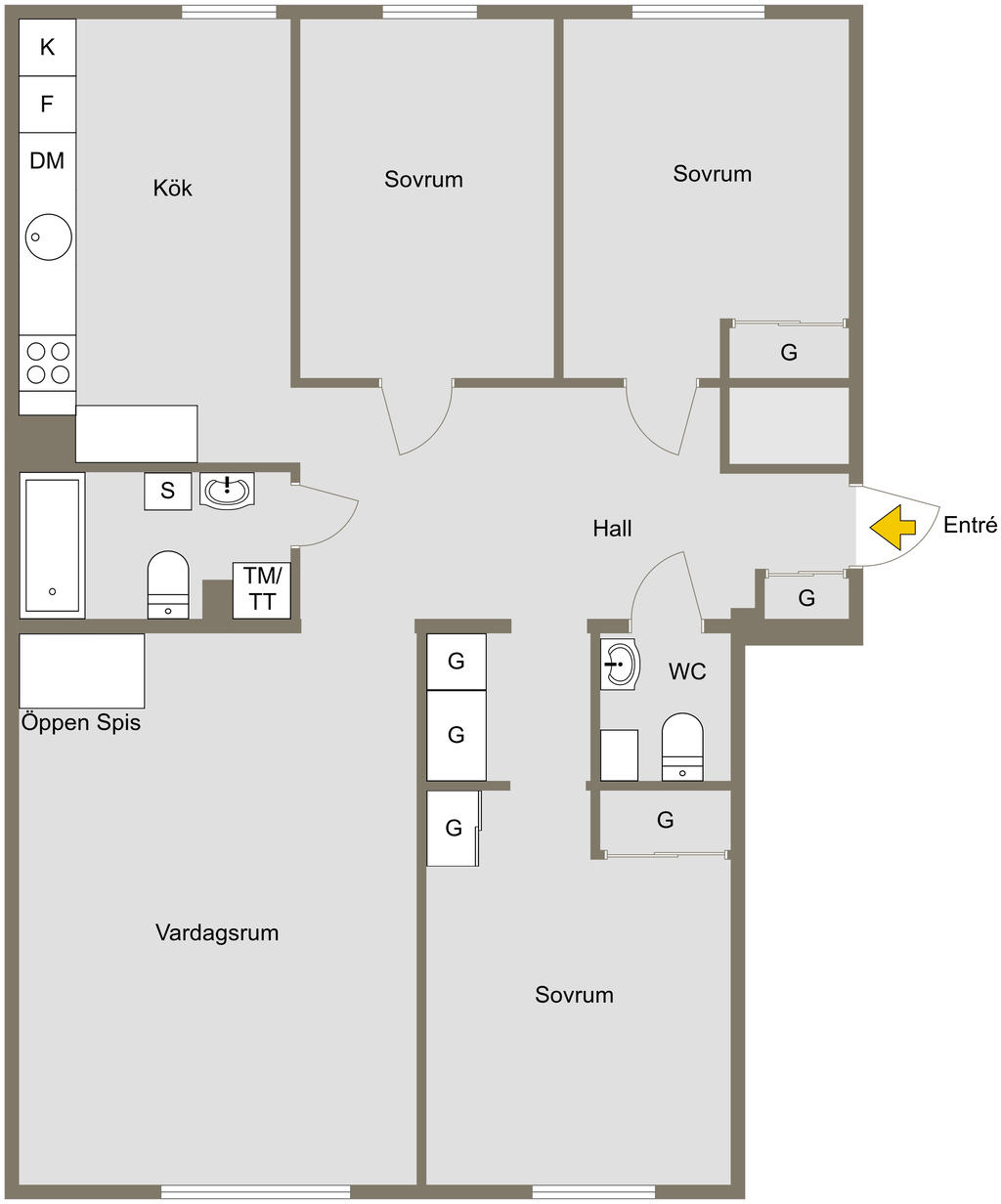Alternativ planlösning med 3 sovrum