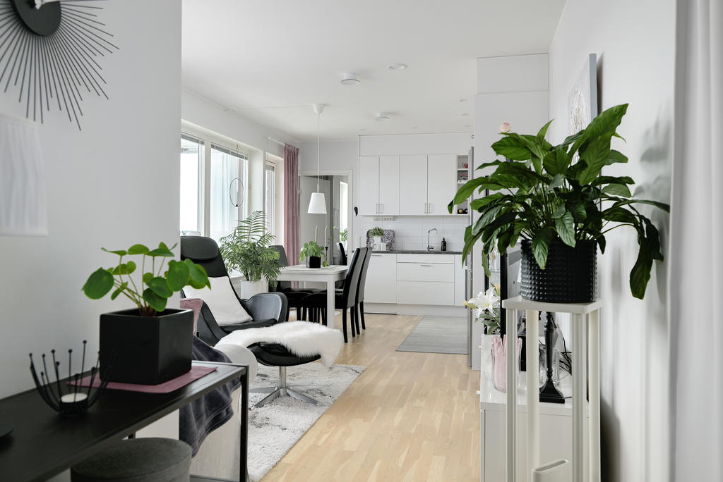 Hallen mot vardagsrum och kök.