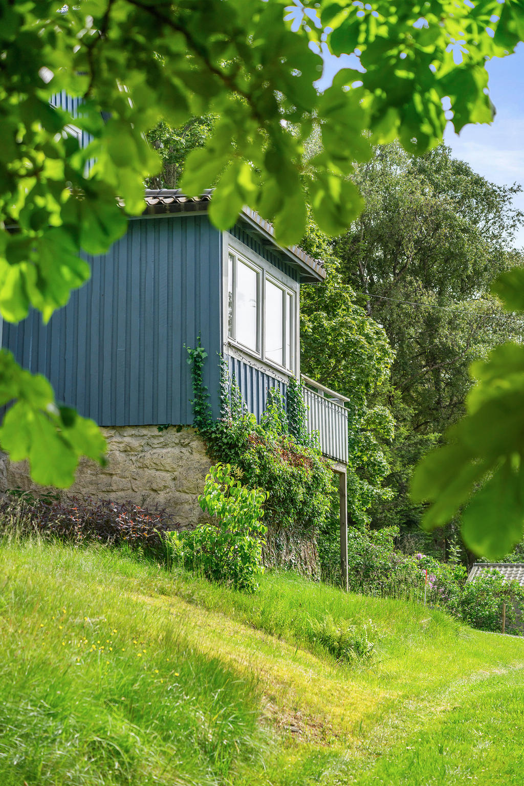 Del av huset skymtar mellan löven