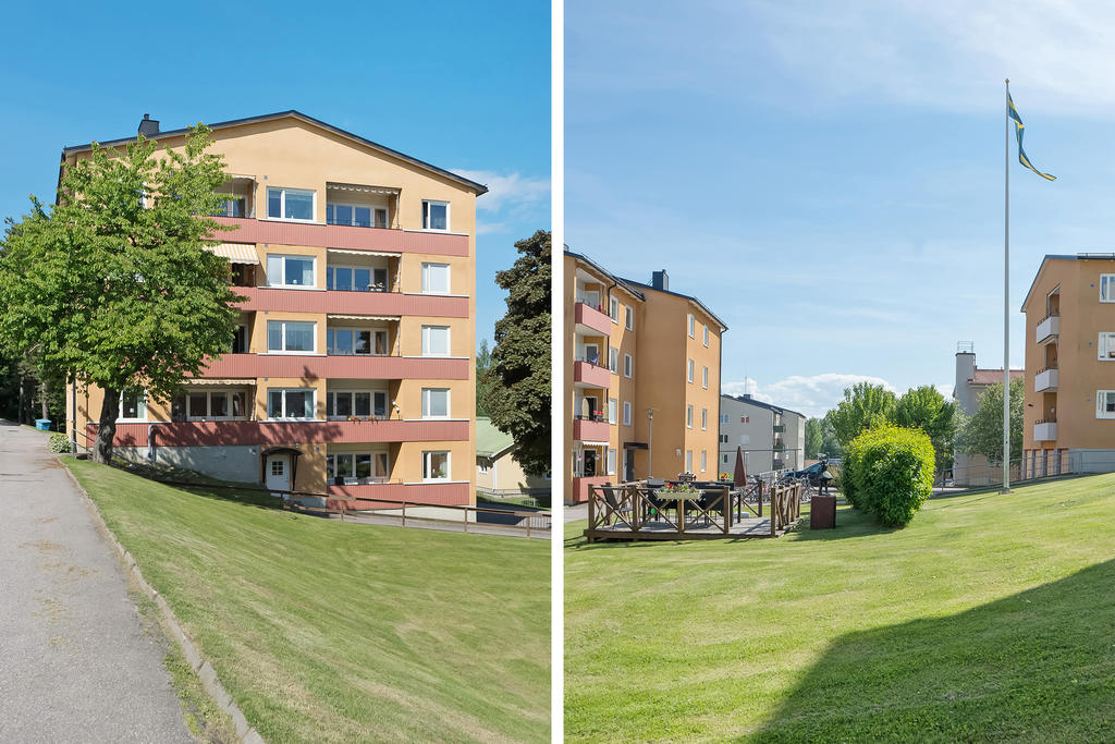 Sommarbild - Gemensam uteplats och fasadbild