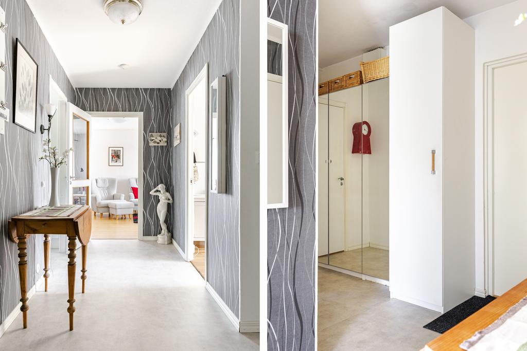 Hall med spegelgarderob