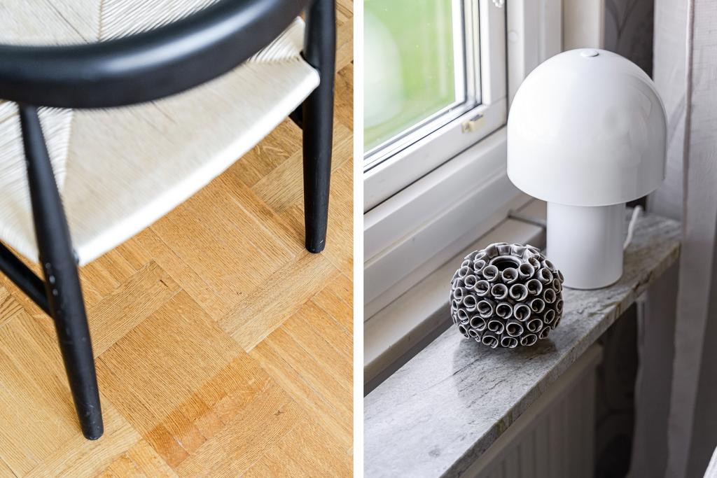 Detaljer som ekparkett och fönsterbräden i sten