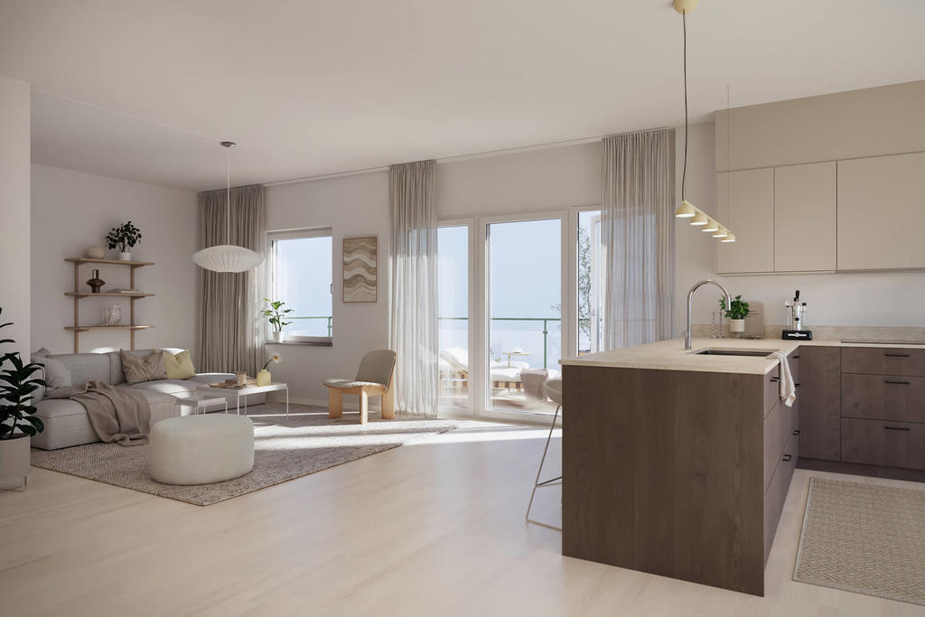 Bild från penthouse.

Smakfullt, ljust
och trivsamt. 
I entréhallen slås man direkt av de smakfulla materialvalen med ett trestavs parkettgolv i ask från Kährs, vilket fortsätter in i övriga rum.
 
I tvåornas entréhall finns en garderob med skjutdörr, klädhylla i ek och aluminium samt ingång till lägenhetens praktiskt placerade förråd och wc/duschrum. I de större lägenheterna har man istället ingång till gäst-wc med förrådet placerat intill hallen.

Väggar och tak är genomgående vitmålade, utom i huvudsovrummen vars väggar har en behagligt mörkgrön kulör. 
Inspirationsbild, avvikelser kan förekomma.
Obs! Varumärken kan ersättas av likvärdiga.