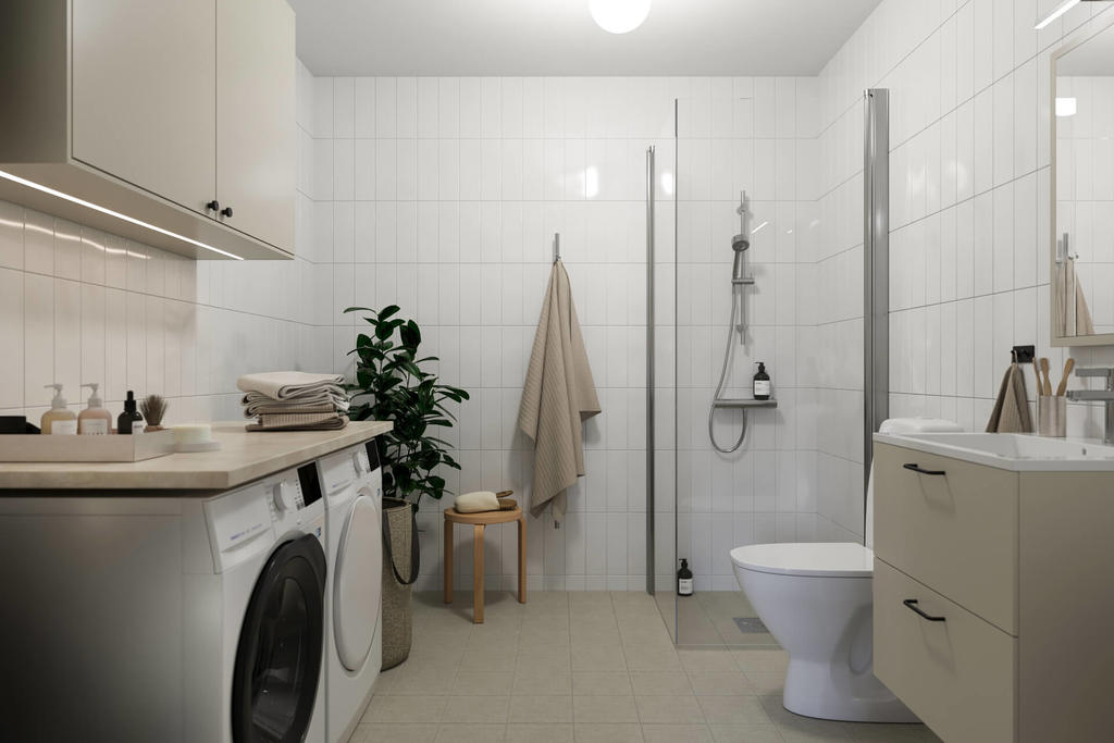 Wc, dusch och tvätt.
Alla lägenheter har helkaklade wc- och duschrum i vitt med toalettstol från Ifö och kommod från Vedum. Här finns också en tvättavdelning med tvättmaskin och torktumlare från Cylinda, med en laminatskiva från Vedum som arbetsbänk.
 
Samtliga wc- och duschrum har duschvägg och eluppvärmd handdukstork. De större lägenheterna har även ett gäst-wc. Gäst-WC har klinkergolv och målade väggar.

Inspirationsbild, avvikelser kan förekomma.
Obs! Varumärken kan ersättas av likvärdiga. 