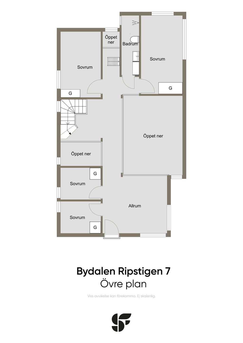 Övervåning med sällskapsytor, badrum, 4 sovrum samt ett sovloft.