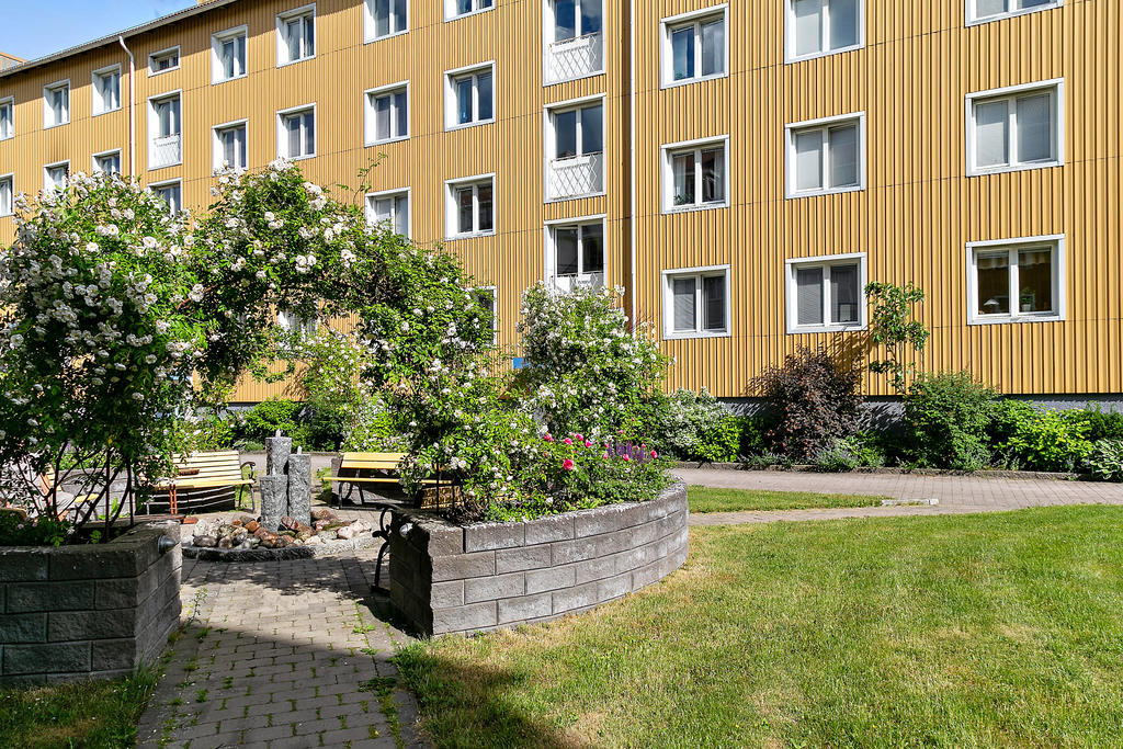 Välskött och trevlig innergård som erbjuder en grön och social miljö.