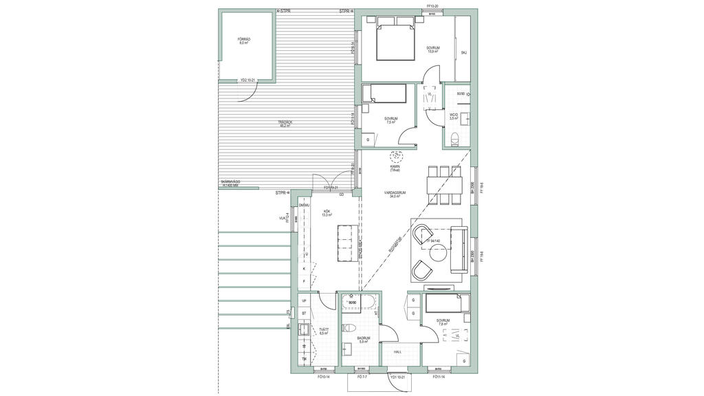 Planritning 1-planshus 108 m²