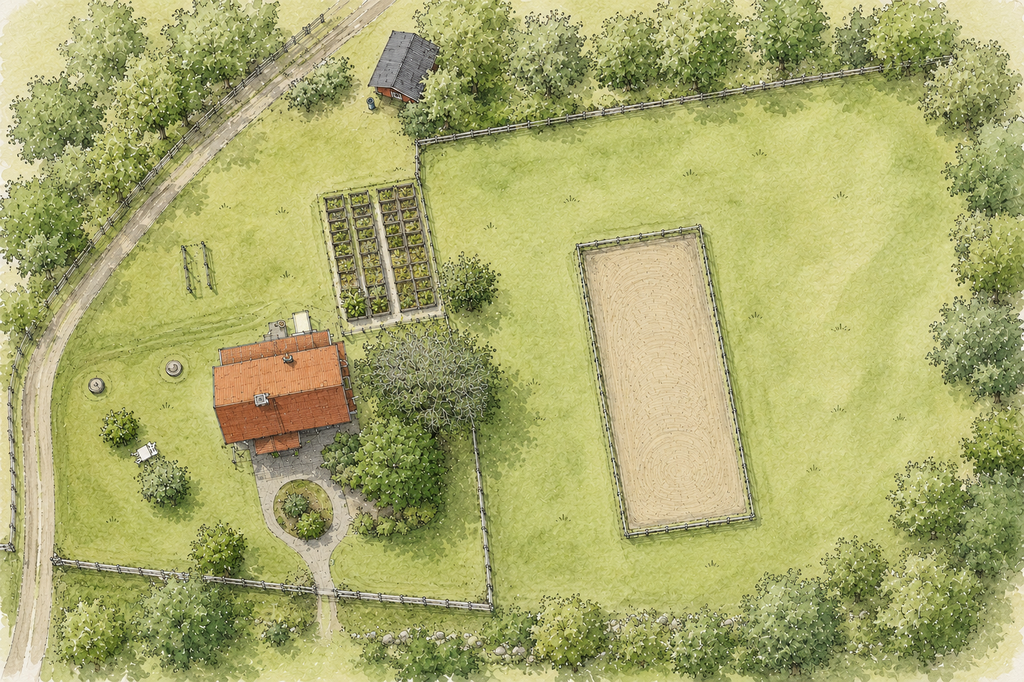 Illustration av tomten med en ridbana och etablerad köksträdgård.