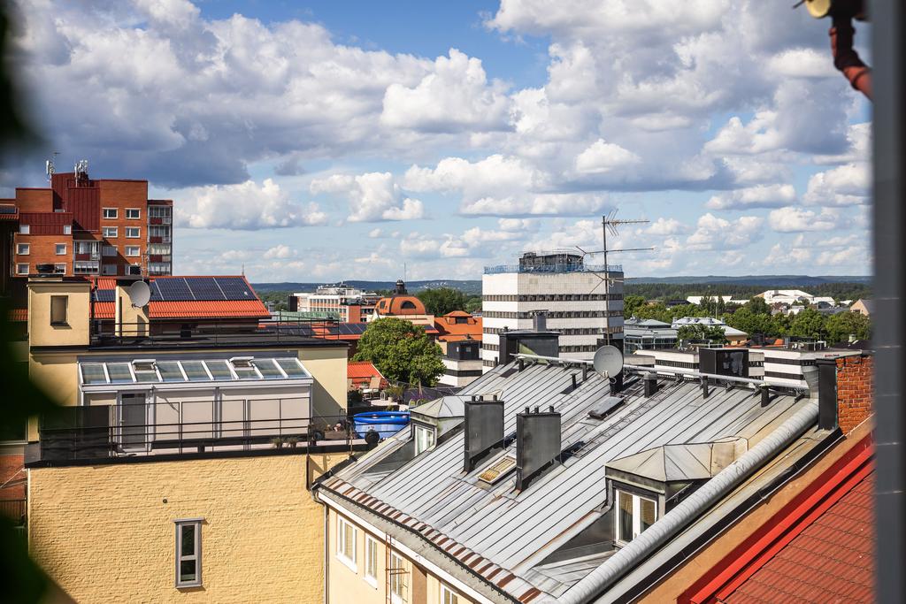 Utsikt från köket över takåsar och hela vägen till Kolmårdsskogen