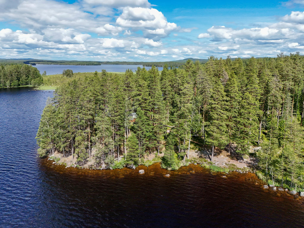 Liten enkel skogskoja belägen mellan träden ute på udden intill sjön Mållången i Hiboviken. 