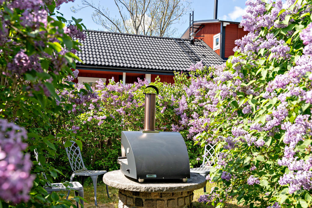 Vedeldad pizzaugn i en lund av syrener.