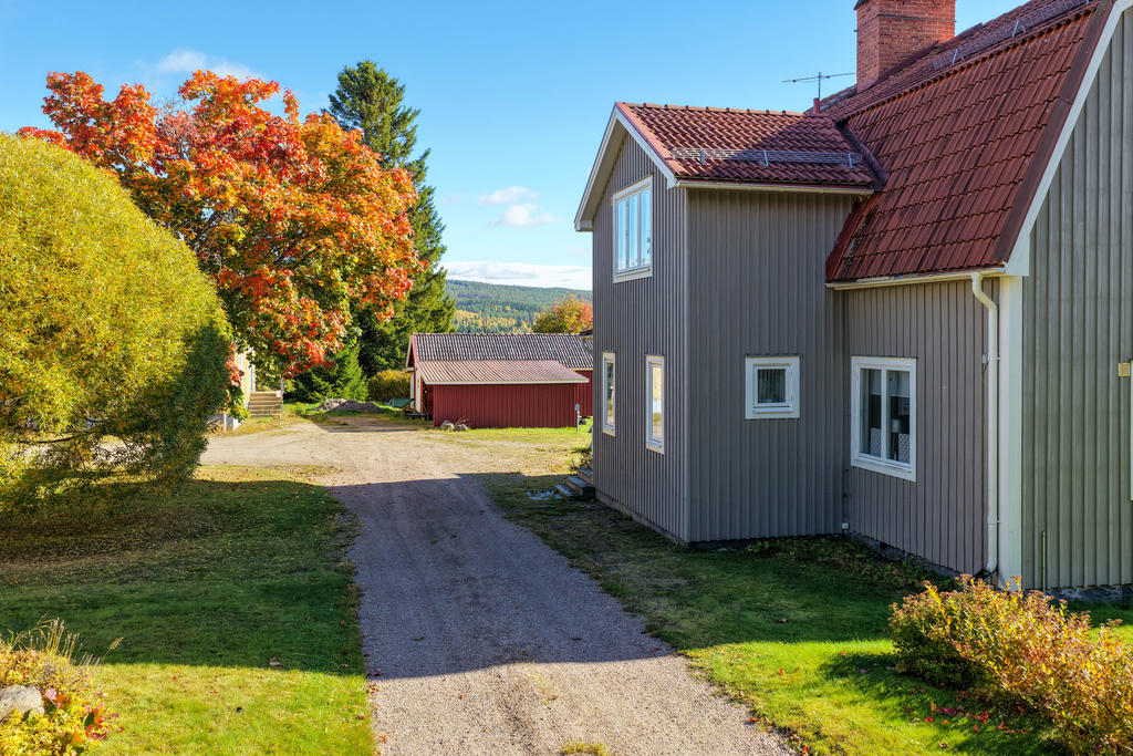 Infart till parkering på tomten. 