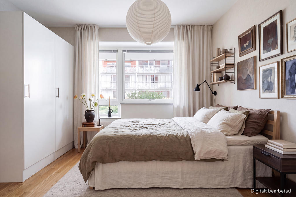 Sovrum. Inspirationsbild. (Observera att bilden är digitalt stylad och visar en möjlig inredning – den speglar inte bostadens faktiska skick)