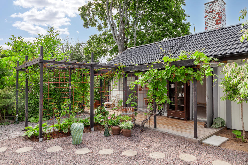 En fin pergola med klätterväxter utanför ateljèn.