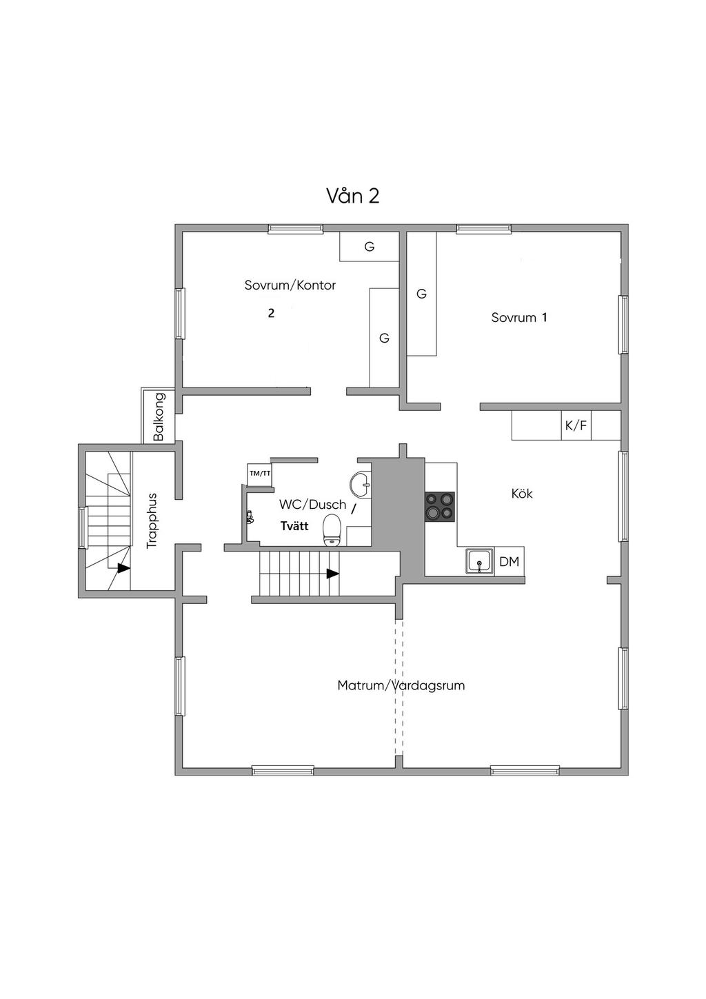 Våning 2, lgh 6 r o k 
(3 r o k i vindsplanet)