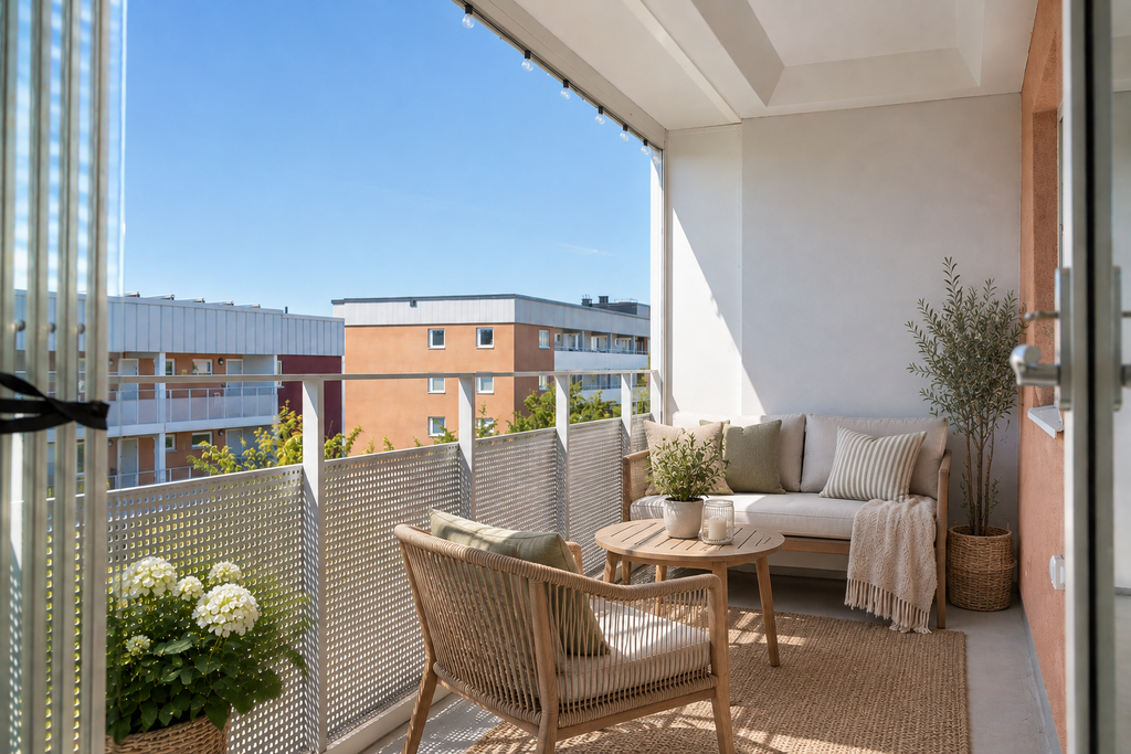 AI-möblerad bild för att illustrera balkongens potential. Viss avvikelse kan förekomma, mått kan avvika från verkligheten.