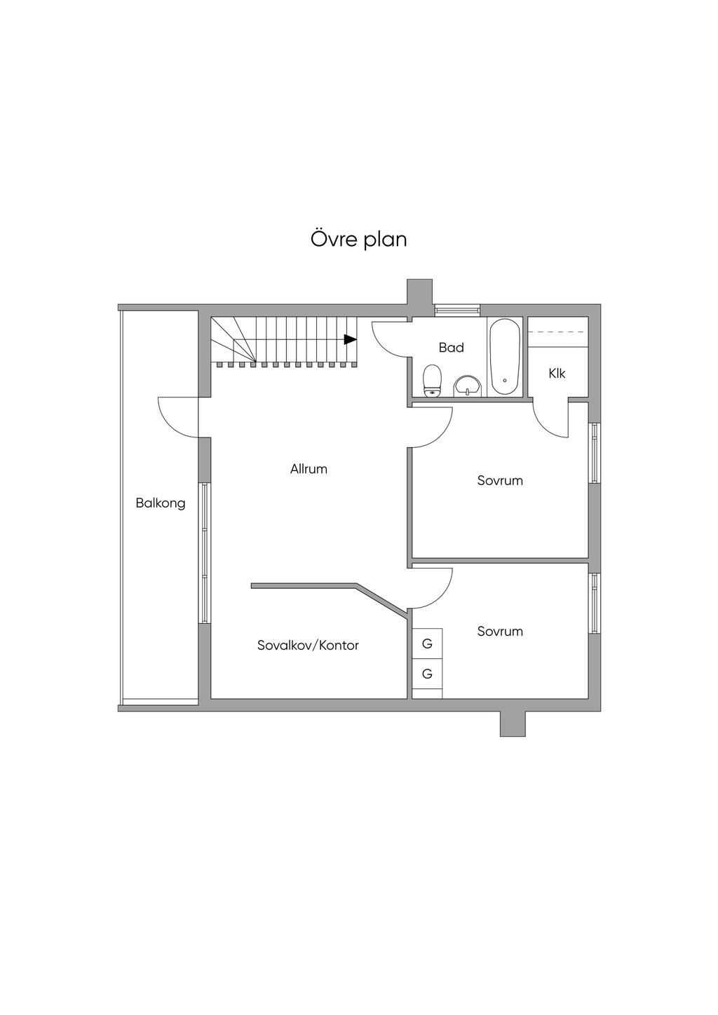 Planritning övre plan  (ej skalenlig)