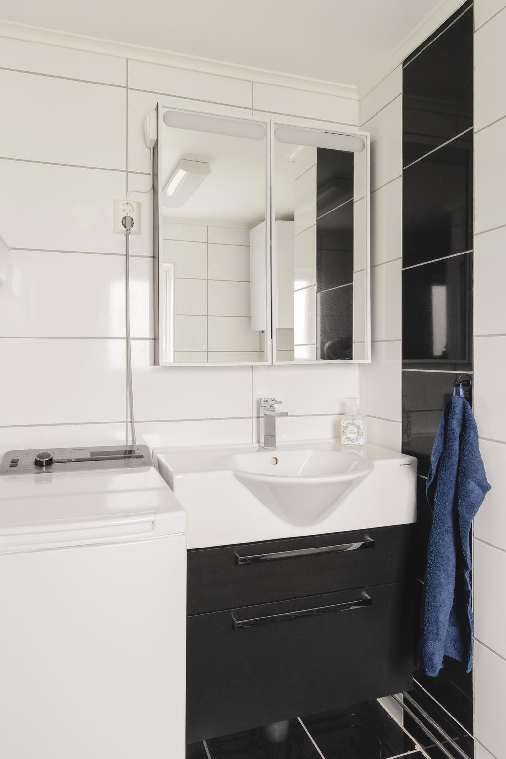 Stilrent badrum utrustat med WC, dusch, kommod och spegelskåp. Här finns även tvättmaskin, vilket ger extra bekvämlighet.