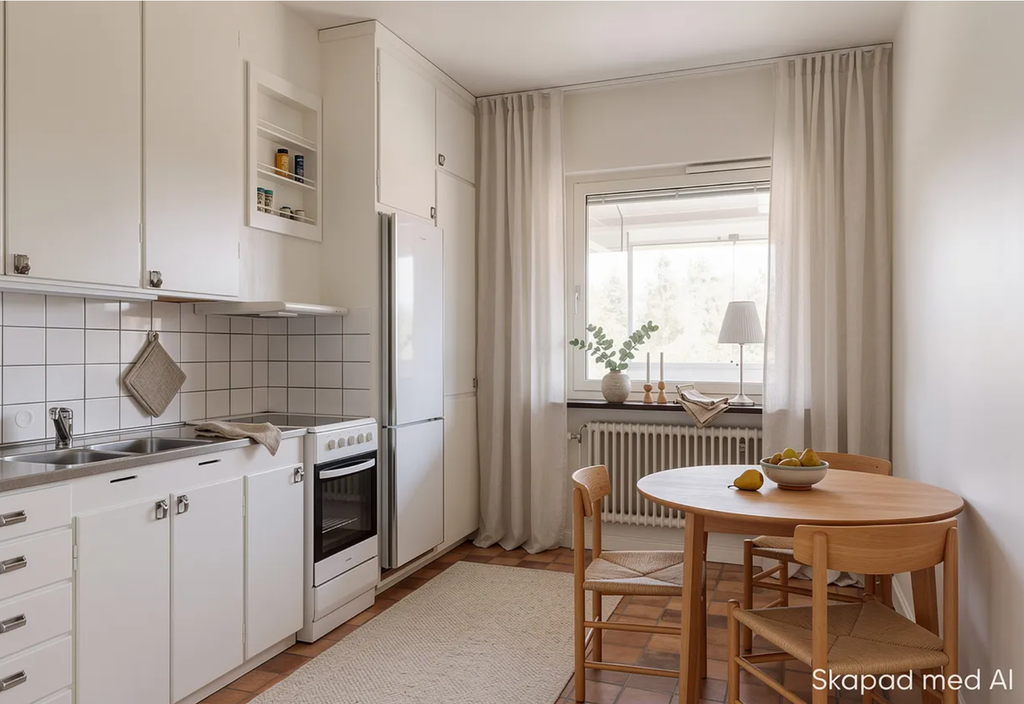 Observera att bilden är digitalt stylad och visar en möjlig inredning – den speglar inte bostadens faktiska skick.