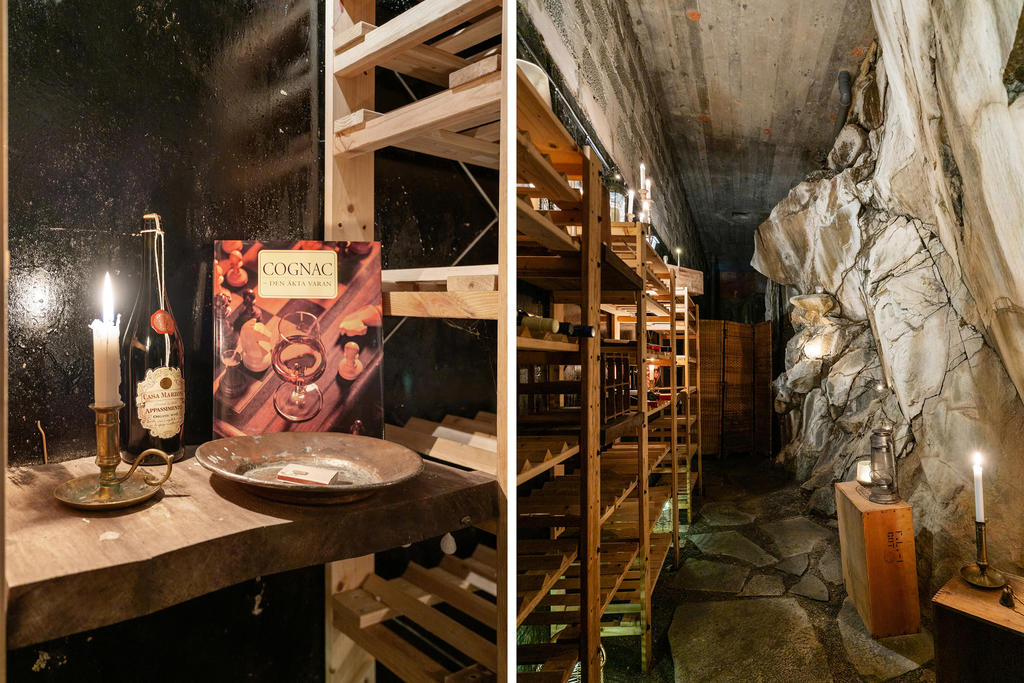 En vinkällare i husets bakkant med synligt berg.  Unikt och lyxigt 