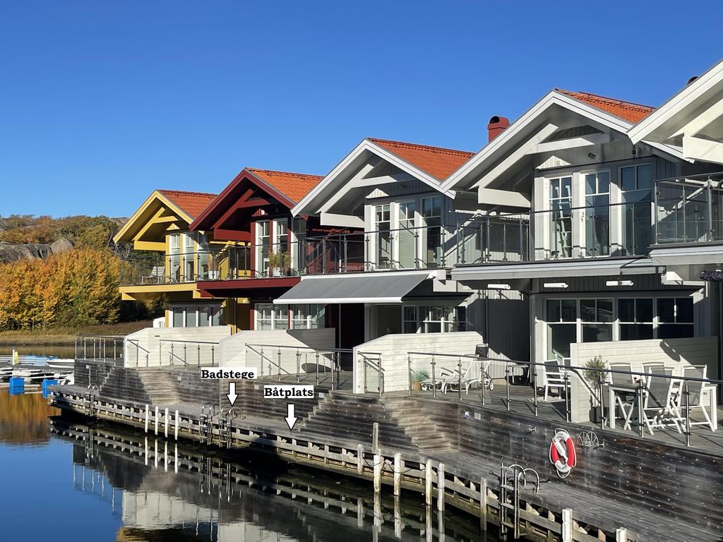 Badstege och båtplats vid terrassen.