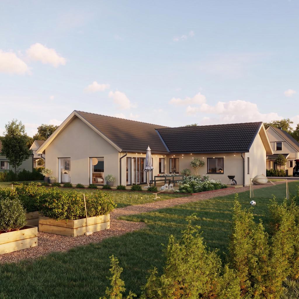 Renderad illustrationsbild – husförslag från A-hus. Bilden visar möjlig framtida bebyggelse, inte befintligt hus på tomten. Hus, garage och entreprenad ingår inte i tomtpriset. Utförande och tillval kan avvika. Byggmöjligheter behöver stämmas av för respektive tomt. Tomtköpet är förenat med krav att bygga med A-hus.