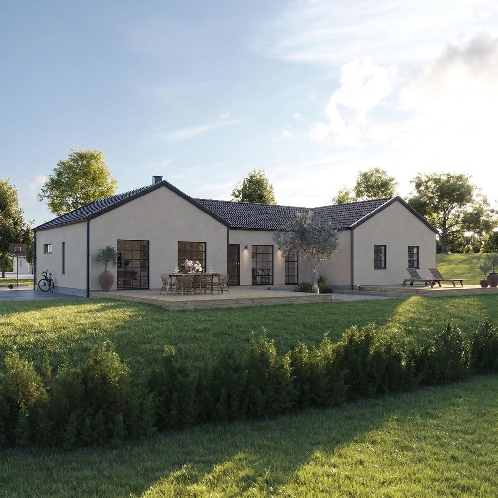 Renderad illustrationsbild – husförslag från A-hus. Bilden visar möjlig framtida bebyggelse, inte befintligt hus på tomten. Hus, garage och entreprenad ingår inte i tomtpriset. Utförande och tillval kan avvika. Byggmöjligheter behöver stämmas av för respektive tomt. Tomtköpet är förenat med krav att bygga med A-hus.